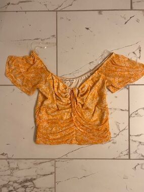 Floral Ruched Off-Shoulder Crop Top - Yellow